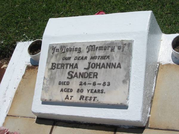 Bertha Johanna SANDER,  | mother,  | died 24-6-83 aged 80 years;  | Yarraman cemetery, Toowoomba Regional Council  | 