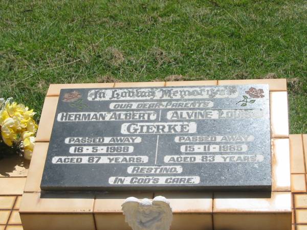 Herman ALbert GIERKE,  | died 16-5-1988 aged 87 years;  | Alvine Louisa GIERKE,  | died 15-11-1985 aged 83 years;  | parents;  | Yarraman cemetery, Toowoomba Regional Council  | 