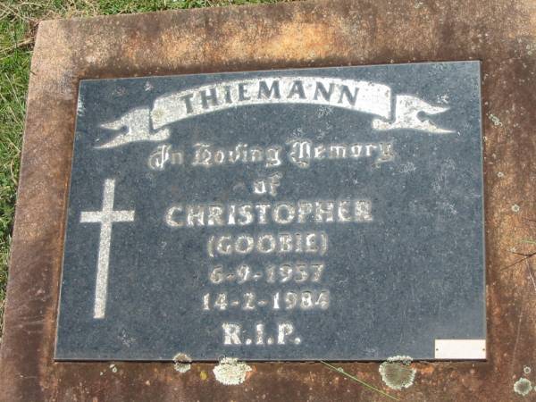 Christopher (Goobie) THIEMANN,  | 6-9-1957 - 14-2-1984;  | Yarraman cemetery, Toowoomba Regional Council  | 