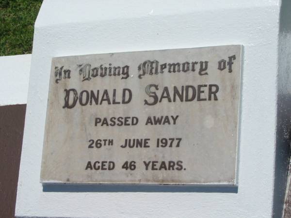 Donald SANDER,  | died 26 June 1977 aged 46 years;  | Yarraman cemetery, Toowoomba Regional Council  | 