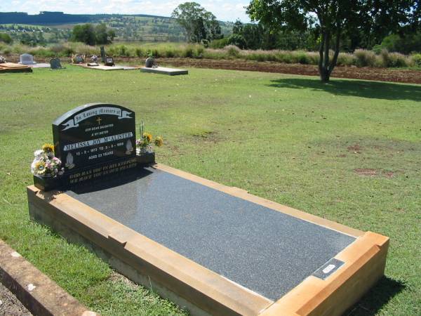 Melissa Joy (Min) MCALISTER,  | daughter sister,  | 13-2-1973 - 3-8-1896 aged 23 years;  | Yarraman cemetery, Toowoomba Regional Council  | 