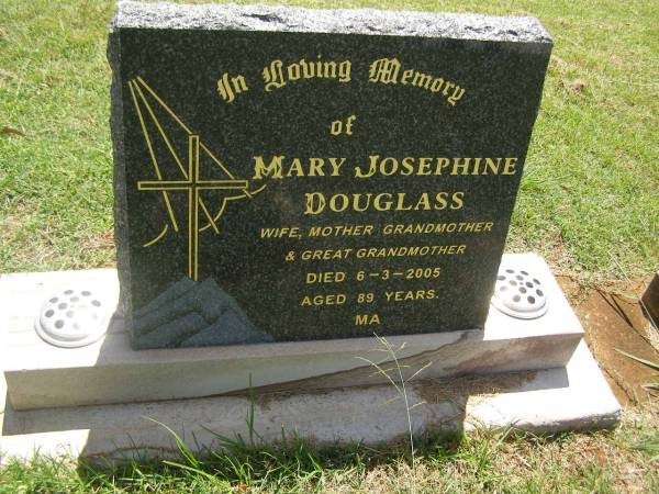Mary Josephin DOUGLASS,  | wife mother grandmother great-grandmother,  | died 6-3-2005 aged 89 years;  | Yarraman cemetery, Toowoomba Regional Council  | 