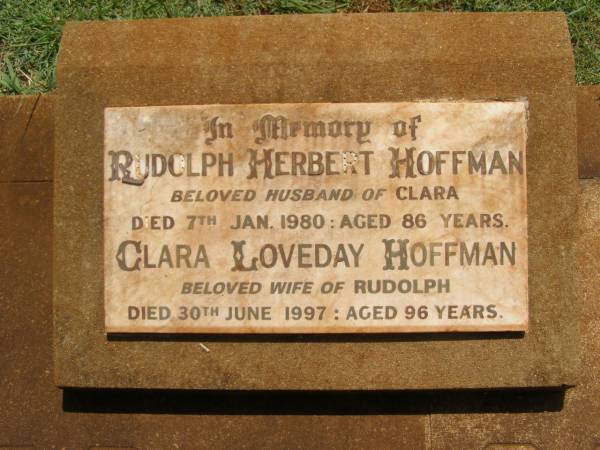 Rudolph Herbert HOFFMAN,  | husband of Clara,  | died 7 Jan 1980 aged 86 years;  | Clara Loveday HOFFMAN,  | wife of Rudolph,  | died 30 June 1997 aged 96 years;  | Yarraman cemetery, Toowoomba Regional Council  | 