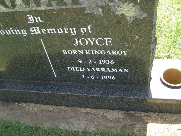 Joyce MOWAT,  | born Kingaroy 9-2-1936,  | died Yarraman 1-6-1996;  | Yarraman cemetery, Toowoomba Regional Council  | 