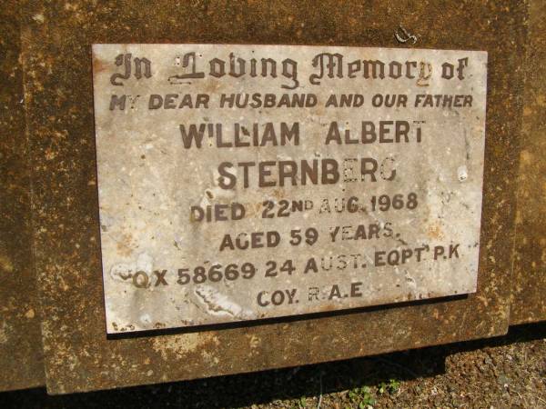 William Albert STERNBERG,  | husband father,  | died 22 Aug 1968 aged 59 years;  | Yarraman cemetery, Toowoomba Regional Council  | 