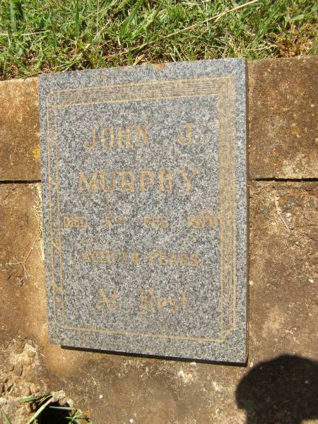 John J. MURPHY,  | died 5 Feb 1970 aged 74 years;  | Yarraman cemetery, Toowoomba Regional Council  | 