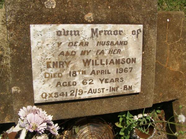 Henry WILLIAMSON,  | husband father,  | died 18 April 1967 aged 62 years;  | Yarraman cemetery, Toowoomba Regional Council  | 