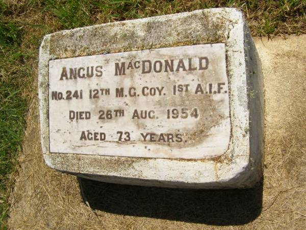 Angus MACDONALD,  | died 26 Aug 1954 aged 73 years;  | Yarraman cemetery, Toowoomba Regional Council  | 