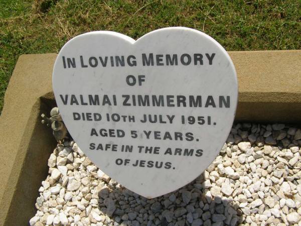 Valmai ZIMMERMAN,  | died 10 July 1951 aged 5 years;  | Yarraman cemetery, Toowoomba Regional Council  | 
