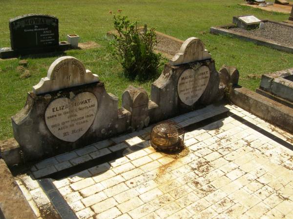 Eliza MOWAT,  | born Orkney Scotland 1846,  | died 15 March 1934 aged 88 years;  | Magnus MOWAT,  | born Orkney Scotland 1843,  | died 26 March 1909 aged 66 years;  | Yarraman cemetery, Toowoomba Regional Council  | 