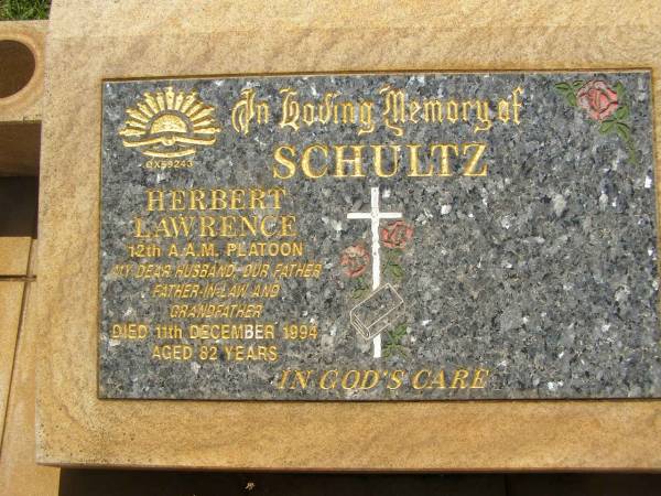 Herbert Lawrence SCHULTZ,  | husband father father-in-law grandfather,  | died 11 Dec 1994 aged 82 years;  | Yarraman cemetery, Toowoomba Regional Council  | 