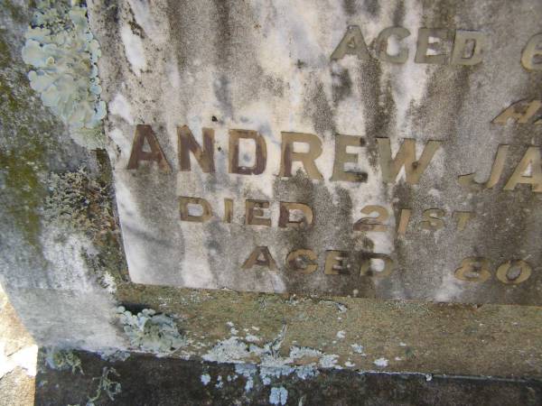 Ada Lousia WYVILL,  | died 1 Jan 1931 aged 65 years;  | Andrew James  | died 21 June 1958 aged 80 years;  | Yarraman cemetery, Toowoomba Regional Council  | 