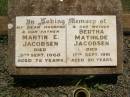 
Martin E. JACOBSEN,
husband father,
died 9 Sept 1968 aged 72 years;
Bertha Mathilde JACOBSEN,
mother,
died 17 Sept 1991 aged 90 years;
Yarraman cemetery, Toowoomba Regional Council
