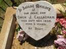 
Owen J. CALLAGHAN,
son,
died 20 Nov 1939 aged 3 years;
Yarraman cemetery, Toowoomba Regional Council
