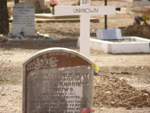 Florence May BURROWS,  | daughter of Thomas & Harriett BURROWS,  | d: 21 May 1917 aged 16 y 6 mo  |   | Lightning Ridge cemetery, New South Wales  | 