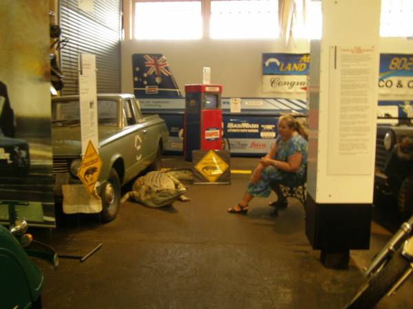 Kerry rests with a crocodile and the Crocodile  | Dundee ute,  | Motor Museum,  | Fremantle,  | Western Australia  | 